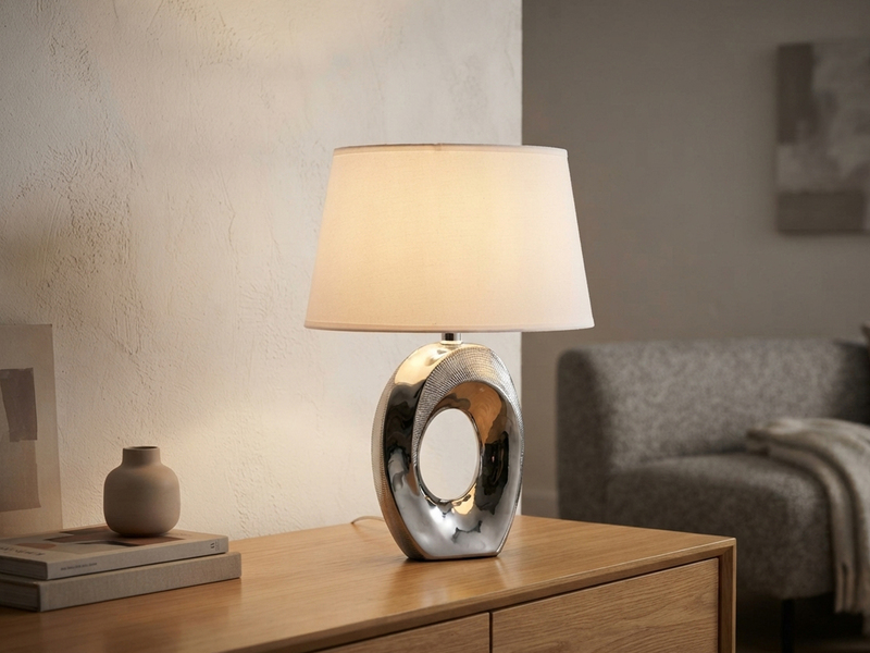Tischlampe TABA Keramik Silber mit E14 Stoffschirm Weiß, Höhe 33cm