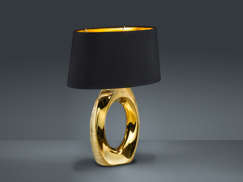Große Tischlampe TABA Keramik Gold mit E27 Stoffschirm Schwarz, Höhe 52cm