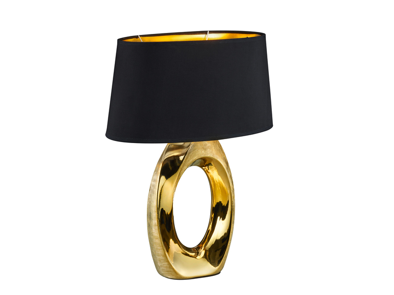 Große Tischlampe TABA Keramik Gold mit E27 Stoffschirm Schwarz, Höhe 52cm