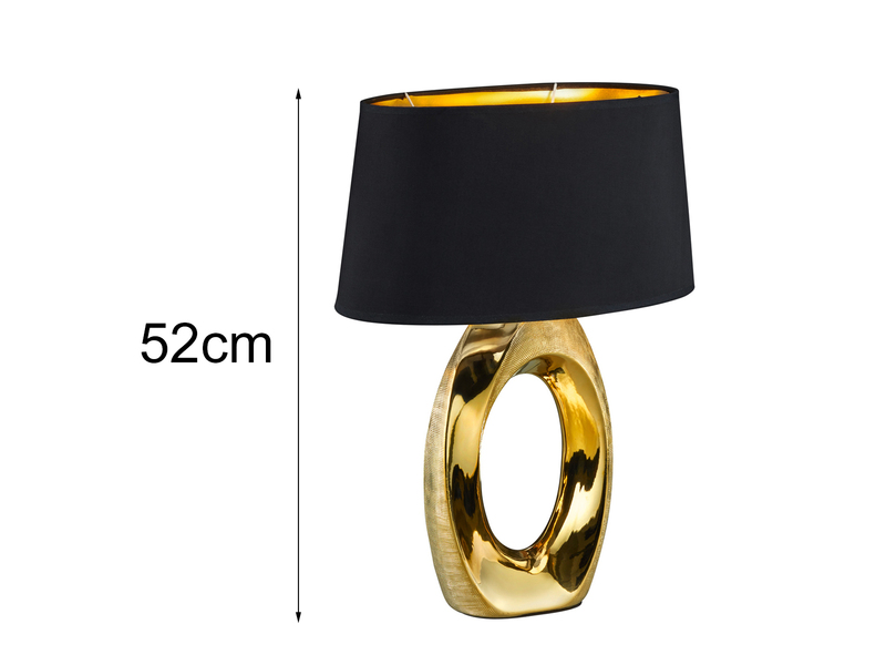 Große Tischlampe TABA Keramik Gold mit E27 Stoffschirm Schwarz, Höhe 52cm