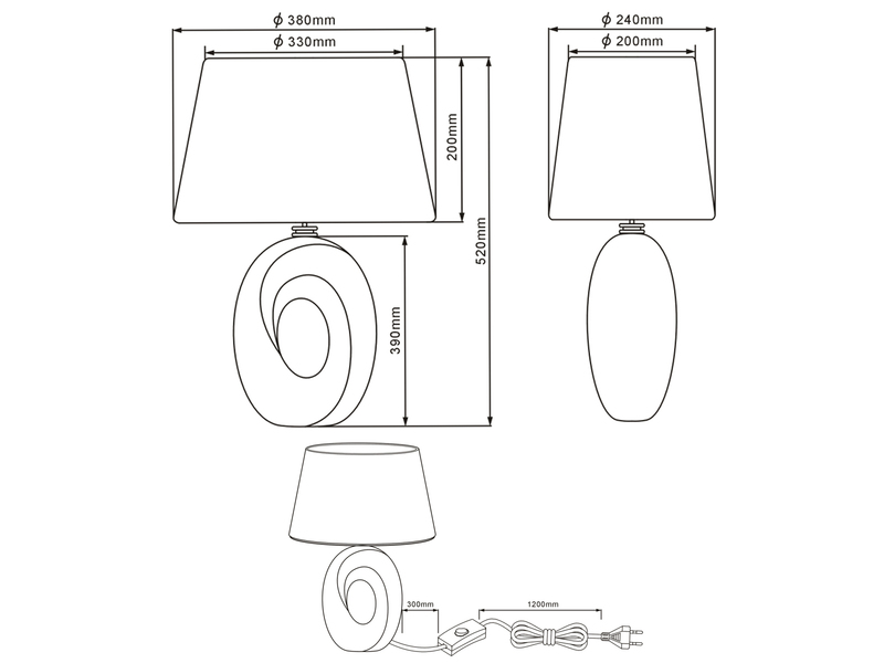 Große Tischlampe TABA Keramik Gold mit E27 Stoffschirm Schwarz, Höhe 52cm