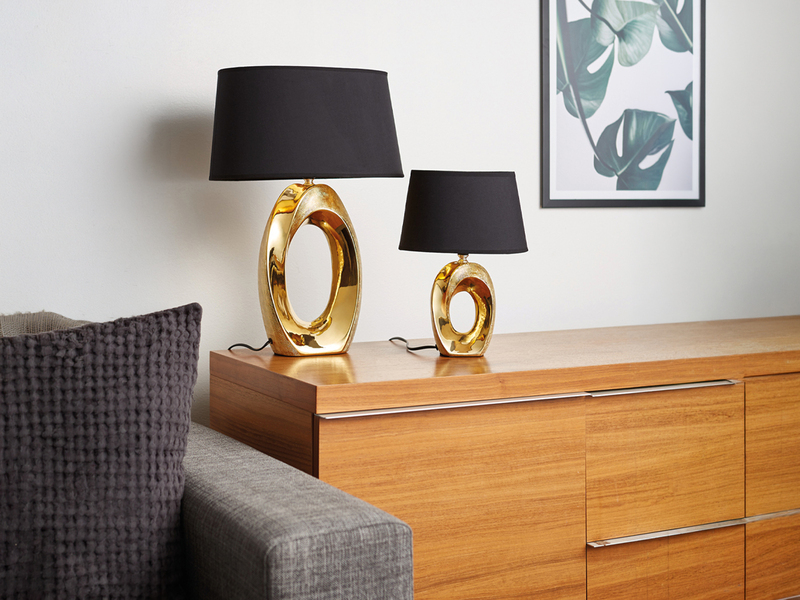 Große Tischlampe TABA Keramik Gold mit E27 Stoffschirm Schwarz, Höhe 52cm