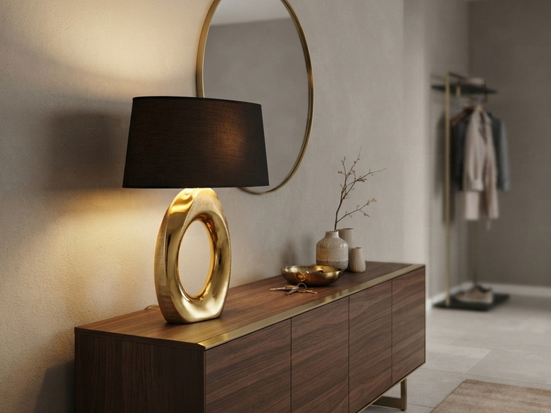 Große Tischlampe TABA Keramik Gold mit E27 Stoffschirm Schwarz, Höhe 52cm