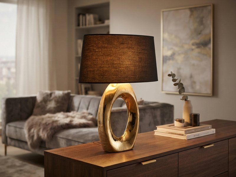 Große Tischlampe TABA Keramik Gold mit E27 Stoffschirm Schwarz, Höhe 52cm