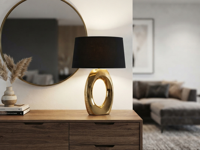 Große Tischlampe TABA Keramik Gold mit E27 Stoffschirm Schwarz, Höhe 52cm