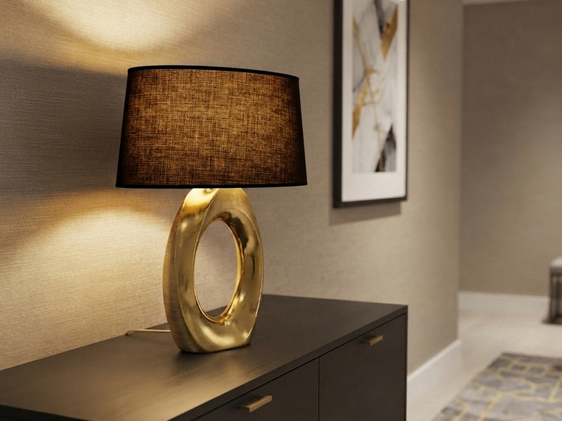 Große Tischlampe TABA Keramik Gold mit E27 Stoffschirm Schwarz, Höhe 52cm