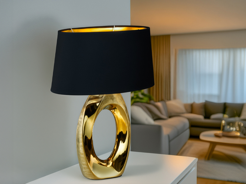 Große Tischlampe TABA Keramik Gold mit E27 Stoffschirm Schwarz, Höhe 52cm