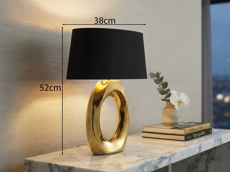 Große Tischlampe TABA Keramik Gold mit E27 Stoffschirm Schwarz, Höhe 52cm