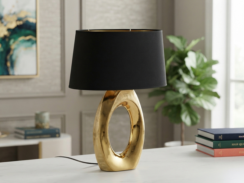 Große Tischlampe TABA Keramik Gold mit E27 Stoffschirm Schwarz, Höhe 52cm