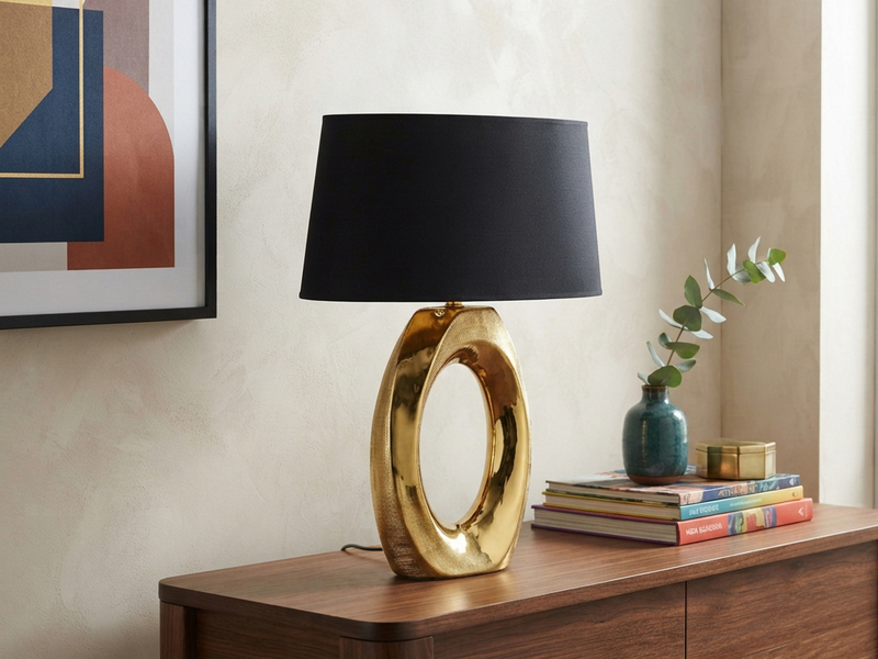 Große Tischlampe TABA Keramik Gold mit E27 Stoffschirm Schwarz, Höhe 52cm