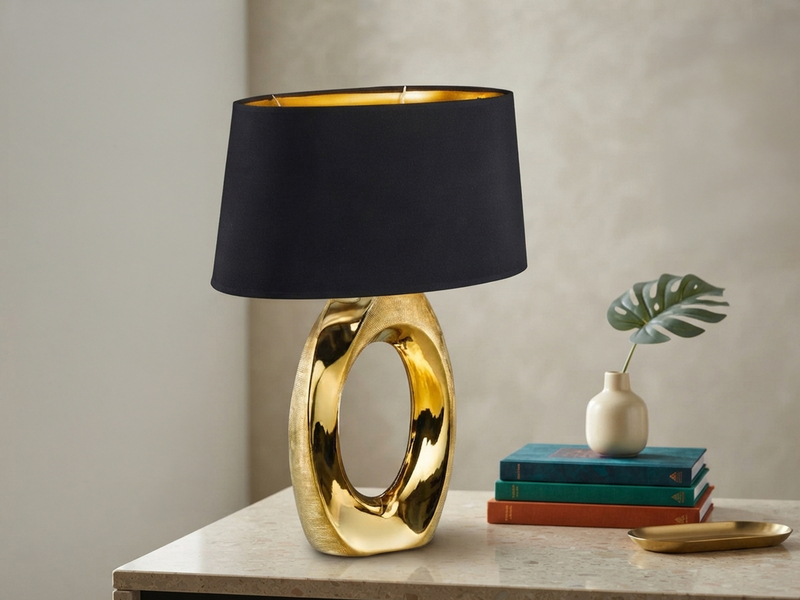 Große Tischlampe TABA Keramik Gold mit E27 Stoffschirm Schwarz, Höhe 52cm