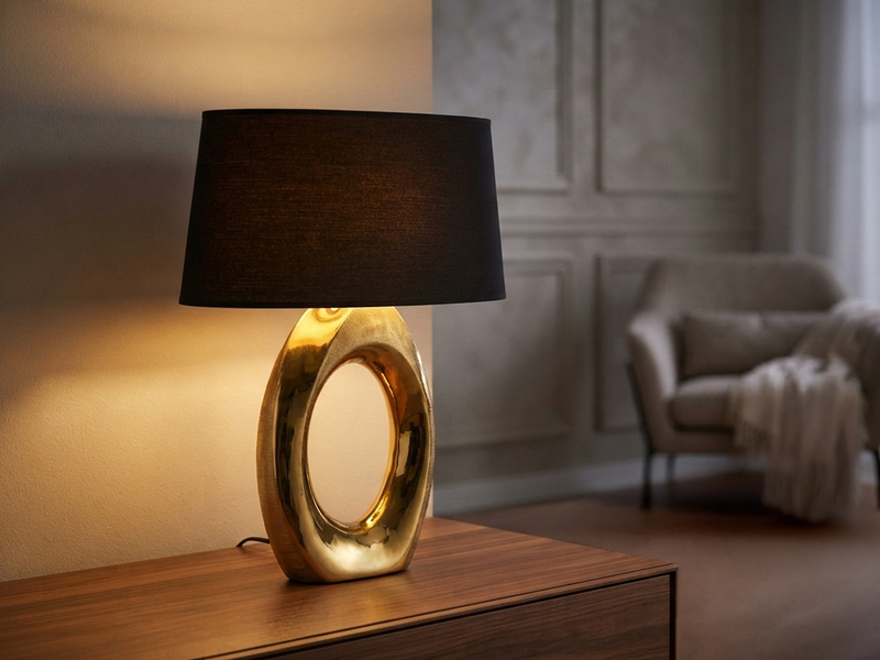 Große Tischlampe TABA Keramik Gold mit E27 Stoffschirm Schwarz, Höhe 52cm