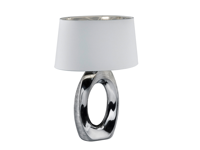Große Tischlampe TABA Keramik Silber mit E27 Stoffschirm Weiß, Höhe 52cm