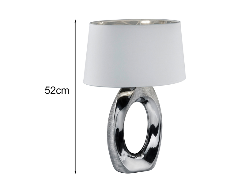 Große Tischlampe TABA Keramik Silber mit E27 Stoffschirm Weiß, Höhe 52cm