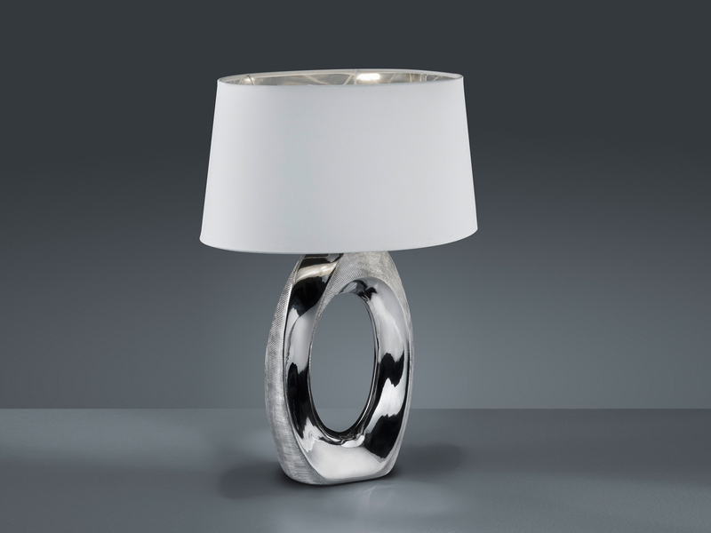 Große Tischlampe TABA Keramik Silber mit E27 Stoffschirm Weiß, Höhe 52cm