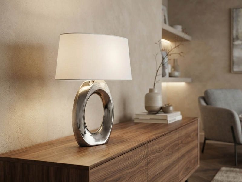 Große Tischlampe TABA Keramik Silber mit E27 Stoffschirm Weiß, Höhe 52cm