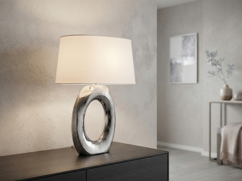 Große Tischlampe TABA Keramik Silber mit E27 Stoffschirm Weiß, Höhe 52cm