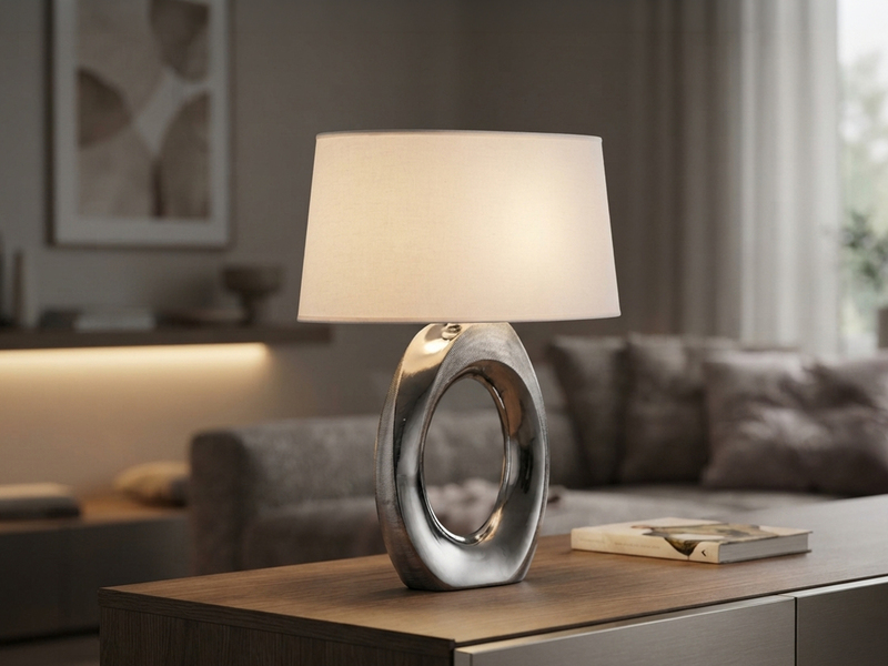 Große Tischlampe TABA Keramik Silber mit E27 Stoffschirm Weiß, Höhe 52cm
