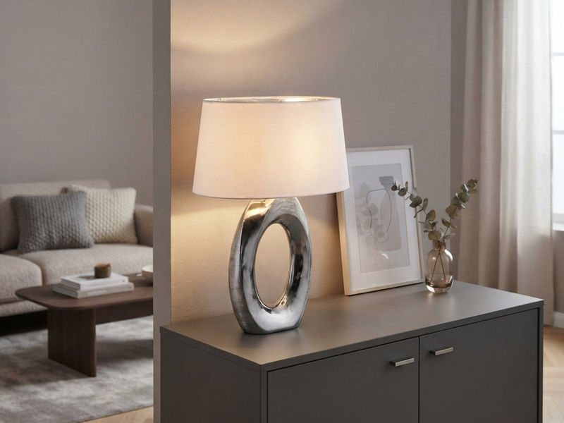 Große Tischlampe TABA Keramik Silber mit E27 Stoffschirm Weiß, Höhe 52cm