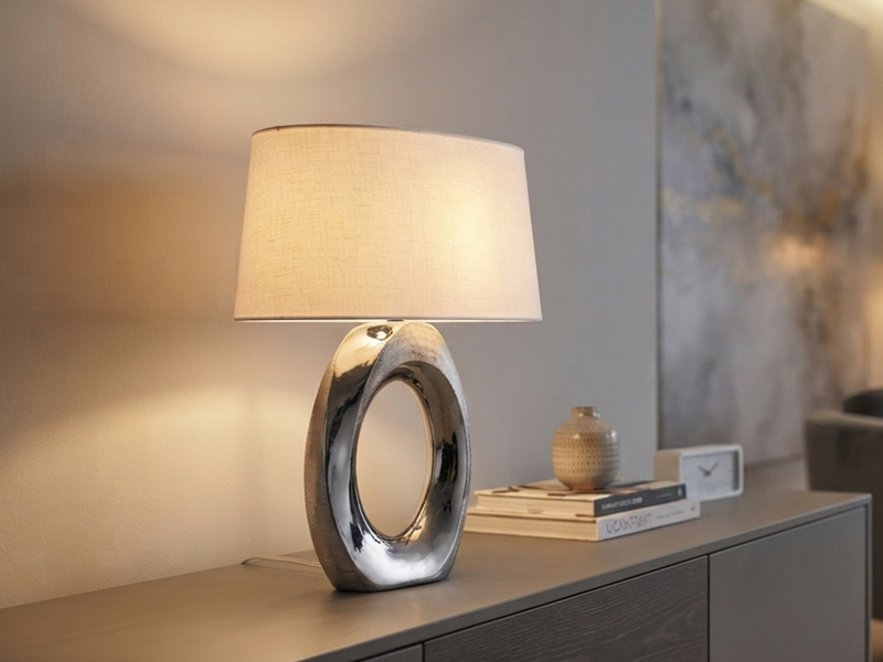 Große Tischlampe TABA Keramik Silber mit E27 Stoffschirm Weiß, Höhe 52cm