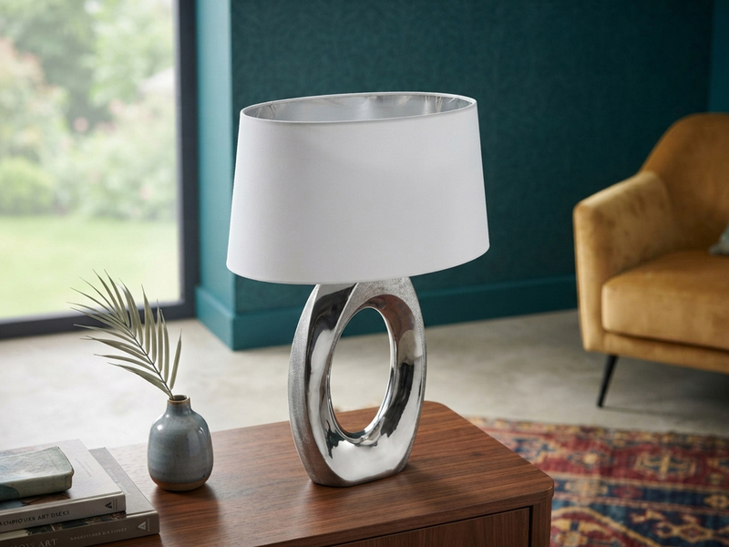 Große Tischlampe TABA Keramik Silber mit E27 Stoffschirm Weiß, Höhe 52cm