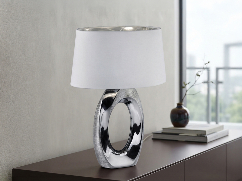 Große Tischlampe TABA Keramik Silber mit E27 Stoffschirm Weiß, Höhe 52cm
