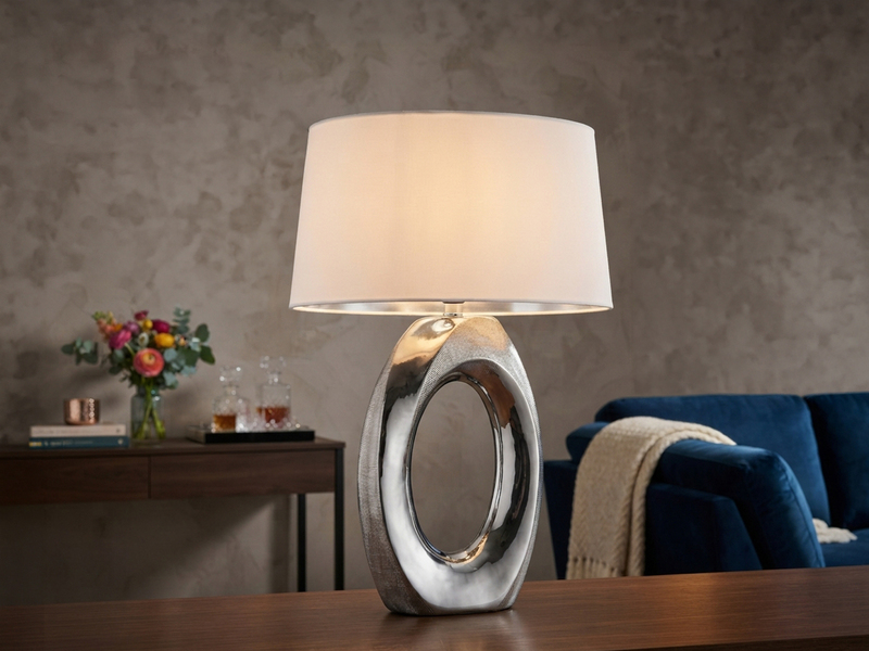 Große Tischlampe TABA Keramik Silber mit E27 Stoffschirm Weiß, Höhe 52cm