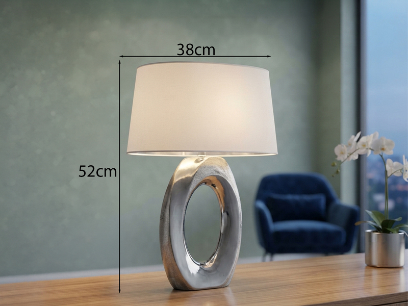Große Tischlampe TABA Keramik Silber mit E27 Stoffschirm Weiß, Höhe 52cm