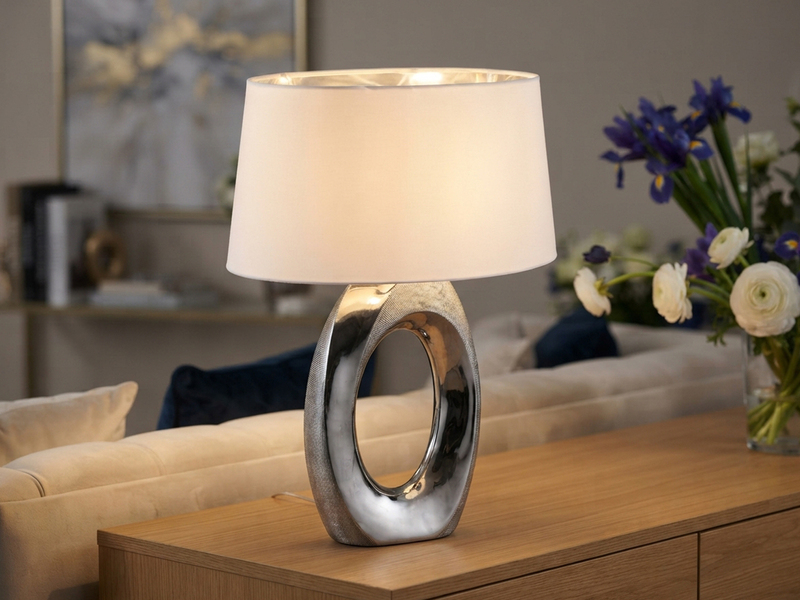Große Tischlampe TABA Keramik Silber mit E27 Stoffschirm Weiß, Höhe 52cm