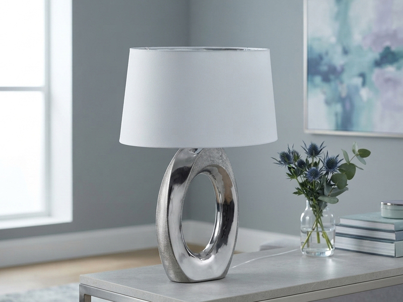 Große Tischlampe TABA Keramik Silber mit E27 Stoffschirm Weiß, Höhe 52cm