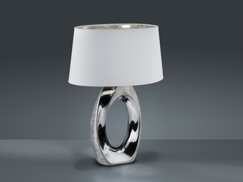 Große Tischlampe TABA Keramik Silber mit E27 Stoffschirm Weiß, Höhe 52cm