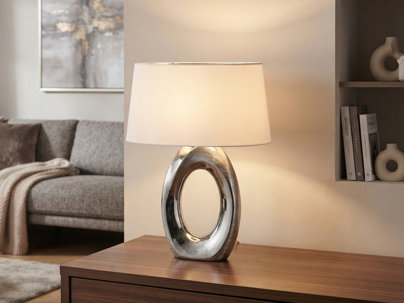 Große Tischlampe TABA Keramik Silber mit E27 Stoffschirm Weiß, Höhe 52cm