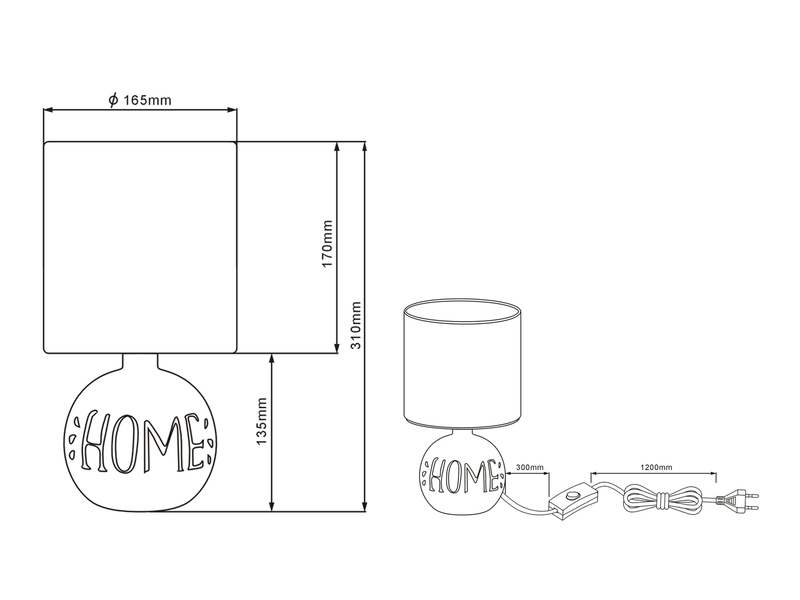 Tischleuchte ESNA Keramik-Sockel Schriftzug HOME Stoffschirm Braun, Höhe 31cm