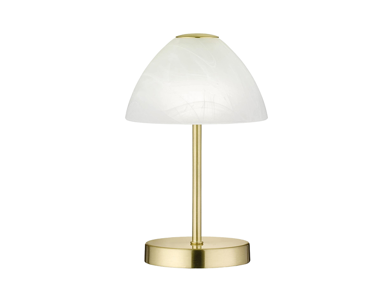 Kleine LED Tischlampe QUEEN dimmbar, Messing mit Glasschirm Weiß, Höhe 24cm