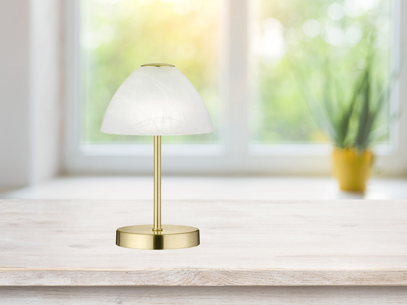 Kleine LED Tischlampe QUEEN dimmbar, Messing mit Glasschirm Weiß, Höhe 24cm
