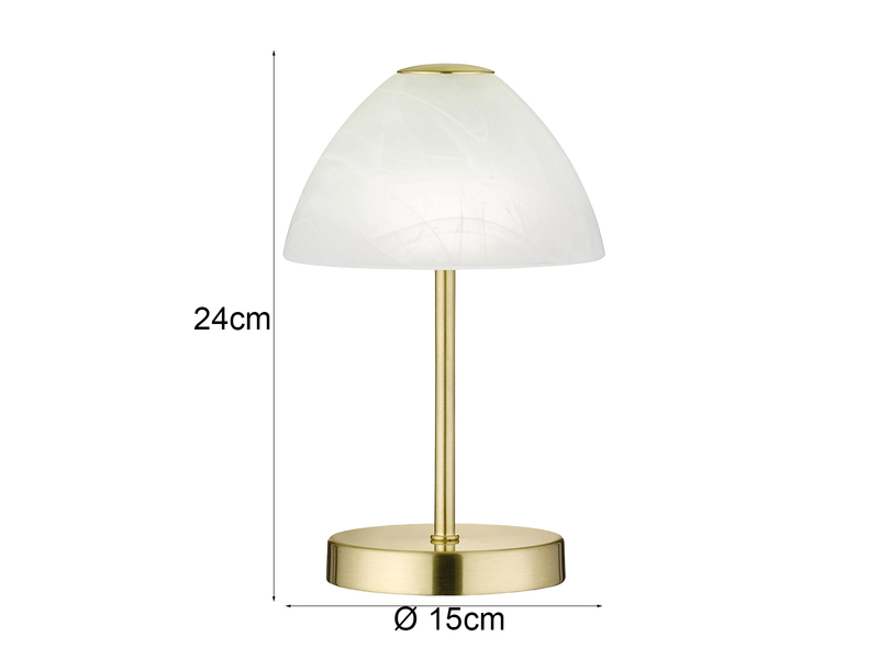 Kleine LED Tischlampe QUEEN dimmbar, Messing mit Glasschirm Weiß, Höhe 24cm