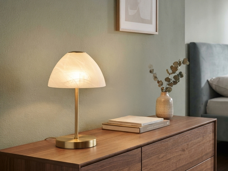 Kleine LED Tischlampe QUEEN dimmbar, Messing mit Glasschirm Weiß, Höhe 24cm