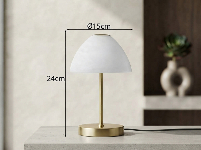 Kleine LED Tischlampe QUEEN dimmbar, Messing mit Glasschirm Weiß, Höhe 24cm