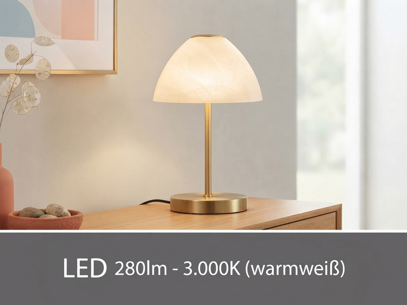 Kleine LED Tischlampe QUEEN dimmbar, Messing mit Glasschirm Weiß, Höhe 24cm