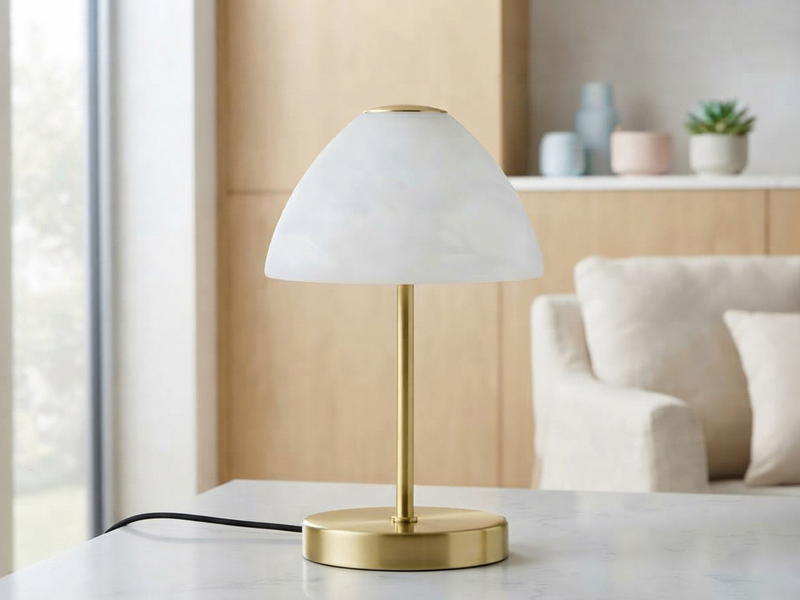 Kleine LED Tischlampe QUEEN dimmbar, Messing mit Glasschirm Weiß, Höhe 24cm