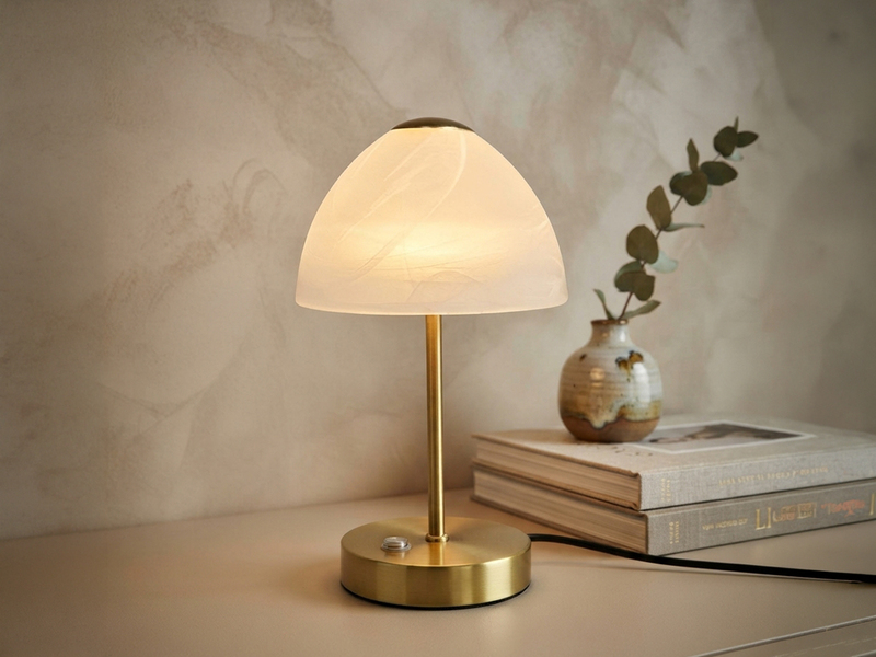 Kleine LED Tischlampe QUEEN dimmbar, Messing mit Glasschirm Weiß, Höhe 24cm