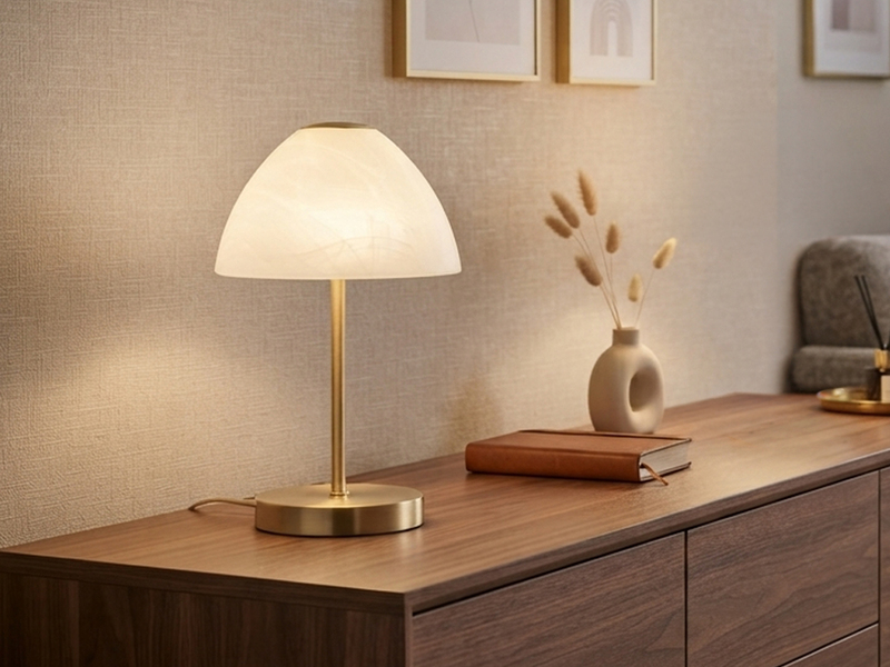 Kleine LED Tischlampe QUEEN dimmbar, Messing mit Glasschirm Weiß, Höhe 24cm