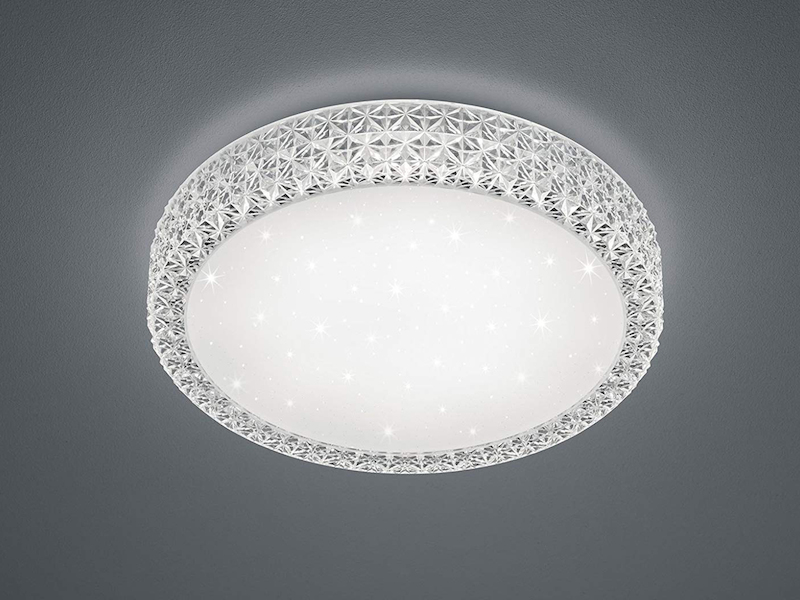 Dimmbare LED Deckenlampe PEGASUS Ø40cm Höhe 8cm Weiß Glitzer+ Sterneneffekt