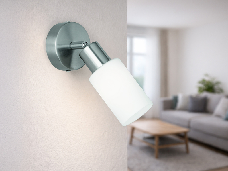 Wandstrahler MARS Silber mit Glas Lampenschirm Weiß, Höhe 17,5cm