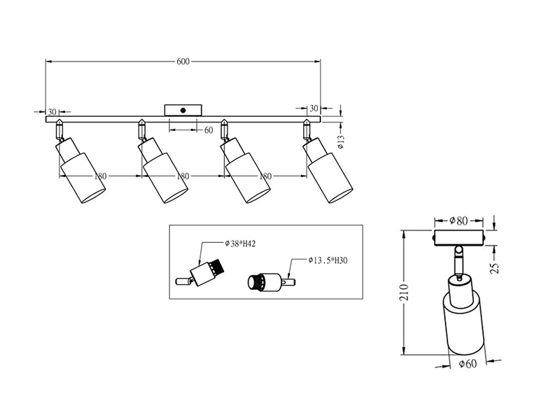 Deckenstrahler MARS 4-flammig Silber mit Glas Lampenschirmen Weiß, Breite 60cm