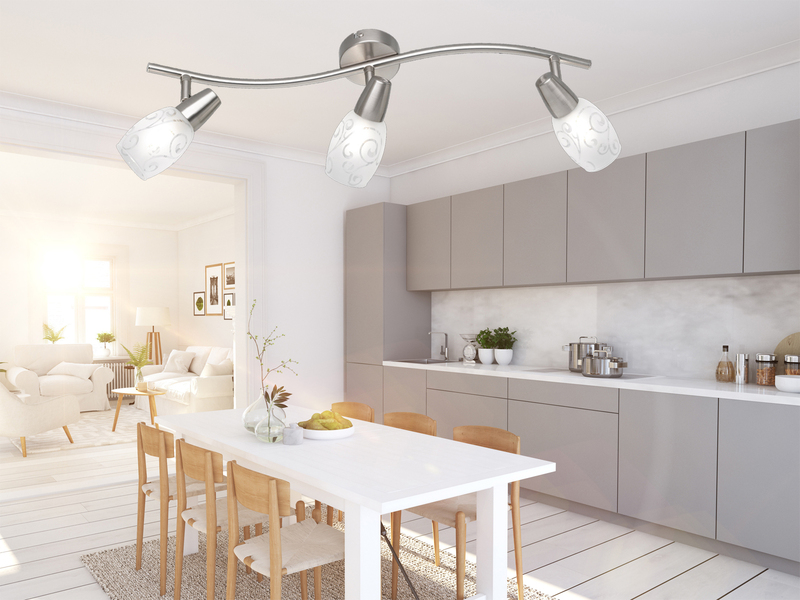 Deckenstrahler COLMAR 3-flammig Silber mit Dekorglas satiniert, Breite 56cm