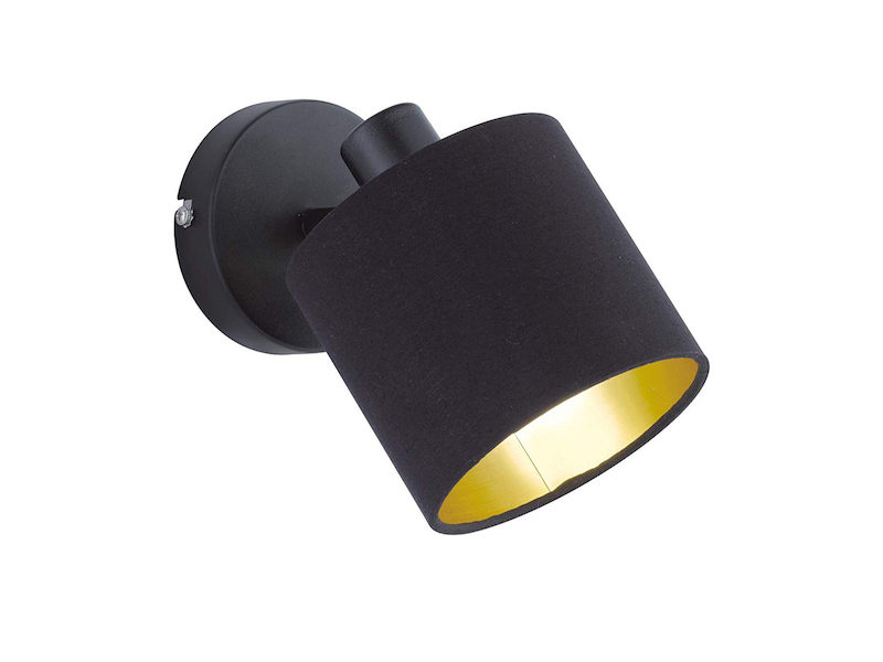 Wandstrahler TOMMY mit E14 Stoffschirm Schwarz Gold, Breite 12cm