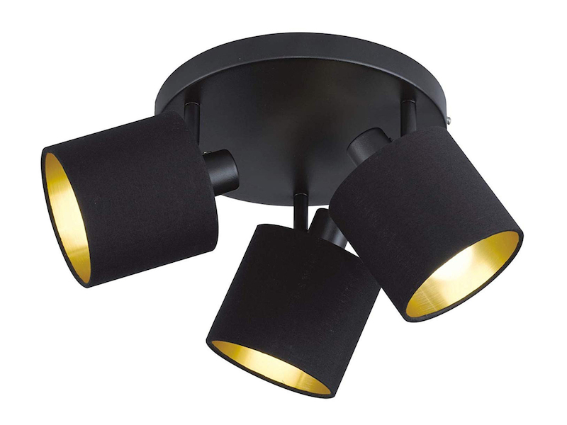 Deckenstrahler TOMMY 3-flammig Schwarz, Stoffschirme Schwarz Gold, Ø 25cm