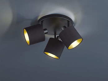 Deckenstrahler TOMMY 3-flammig Schwarz, Stoffschirme Schwarz Gold, Ø 25cm