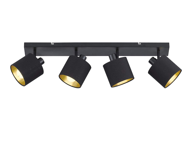 Deckenstrahler TOMMY 4-flammig Schwarz, Stoffschirme Schwarz Gold, Breite 70cm